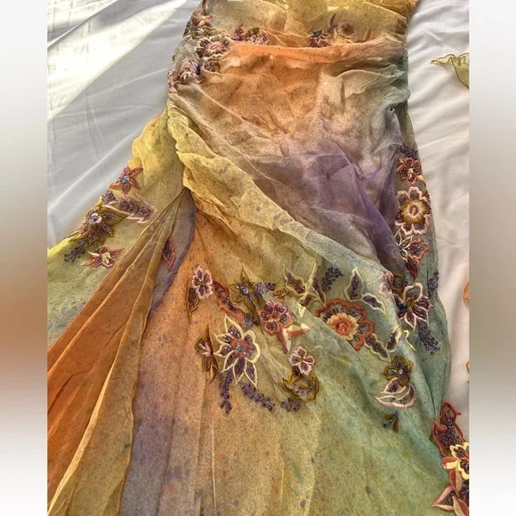 Vintage 100% Silk Dress Vintage Cache Rainbow Dress Prom Vintage Beaded Dress - Picture 7 of 17